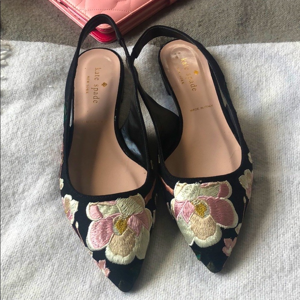 NWOT KATE SPADE BLACK EMBROIDERED SLING-BACK FLAT